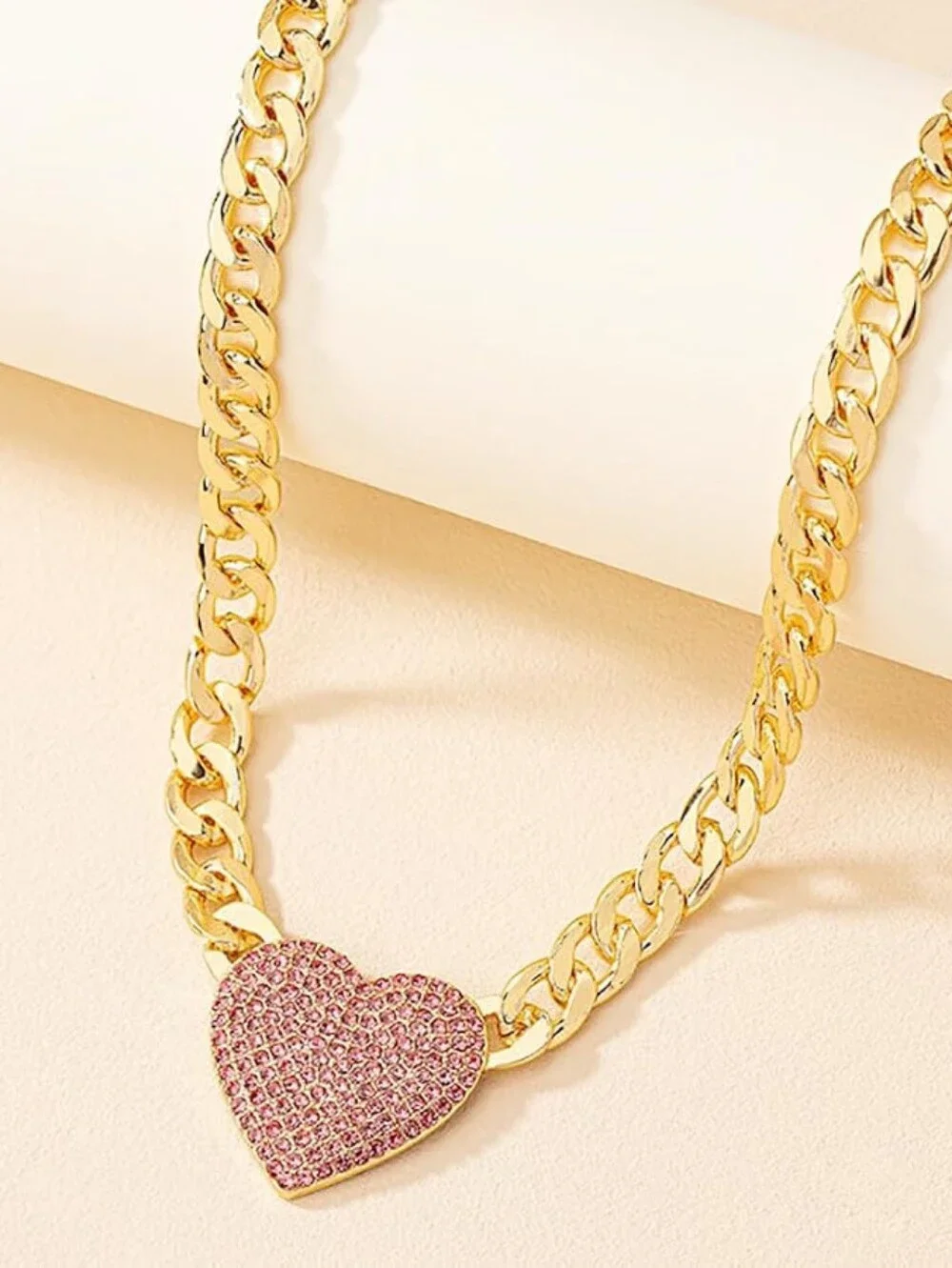 Rhinestone Heart Necklace Choker Cuban Link Chunk Statement